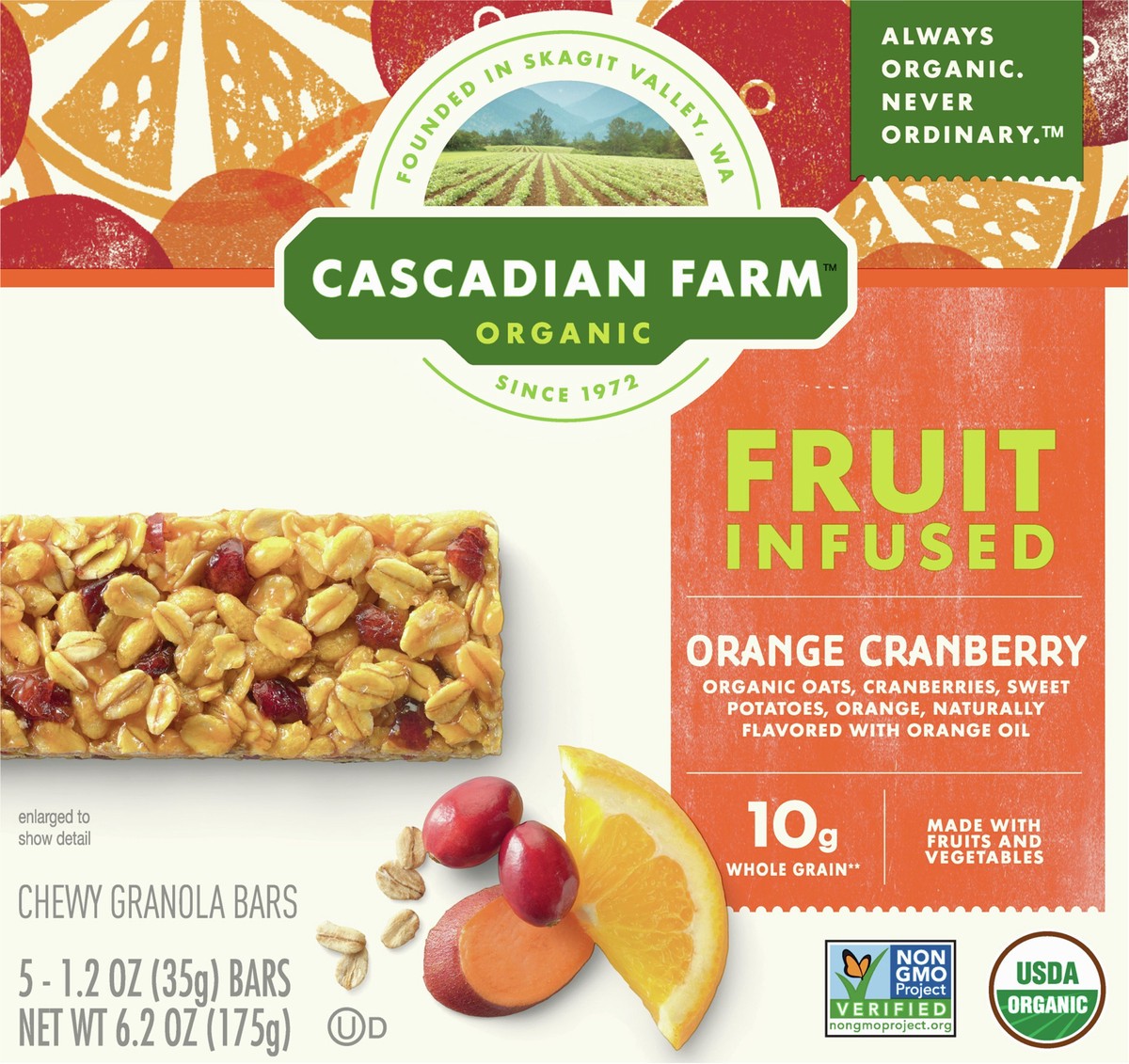 slide 9 of 11, Cascadian Farm Organic Fruit Infused Chewy Orange Cranberry Granola Bars 5 Bars 1.2 oz Wrapper 5 ea Box, 5 ct