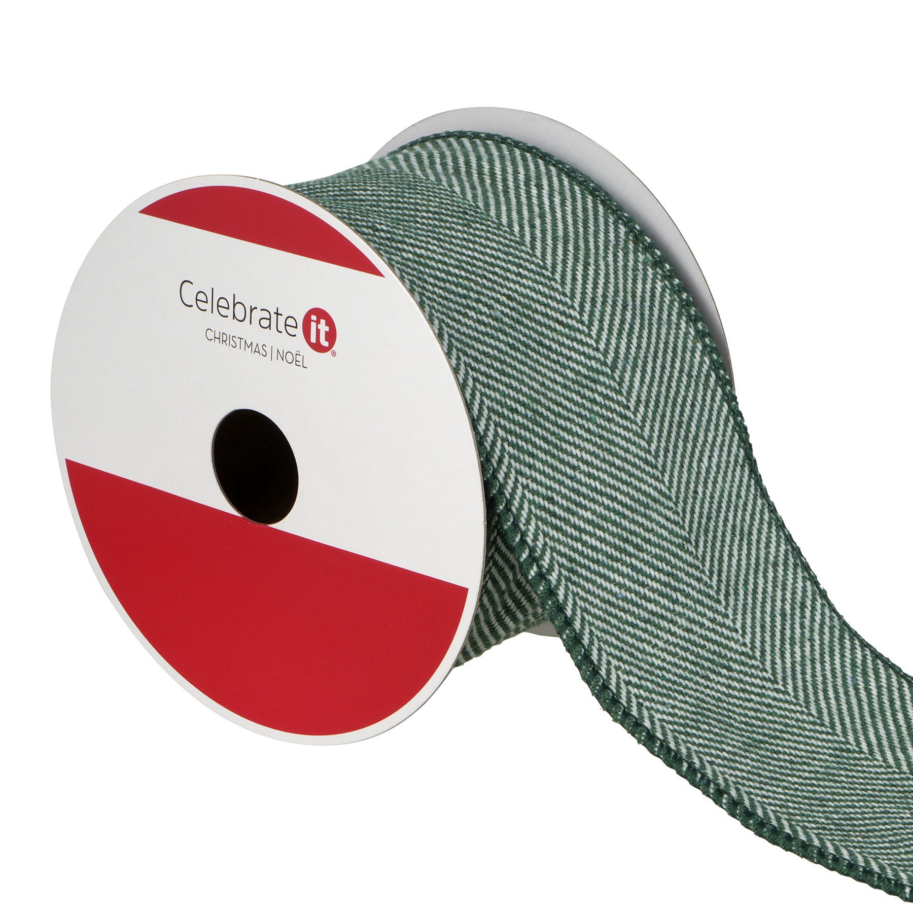 slide 2 of 3, 2.5" X 15ft. Green & White Herringbone Wired Ribbon By Celebrate It, 2.5 in x 15 ft