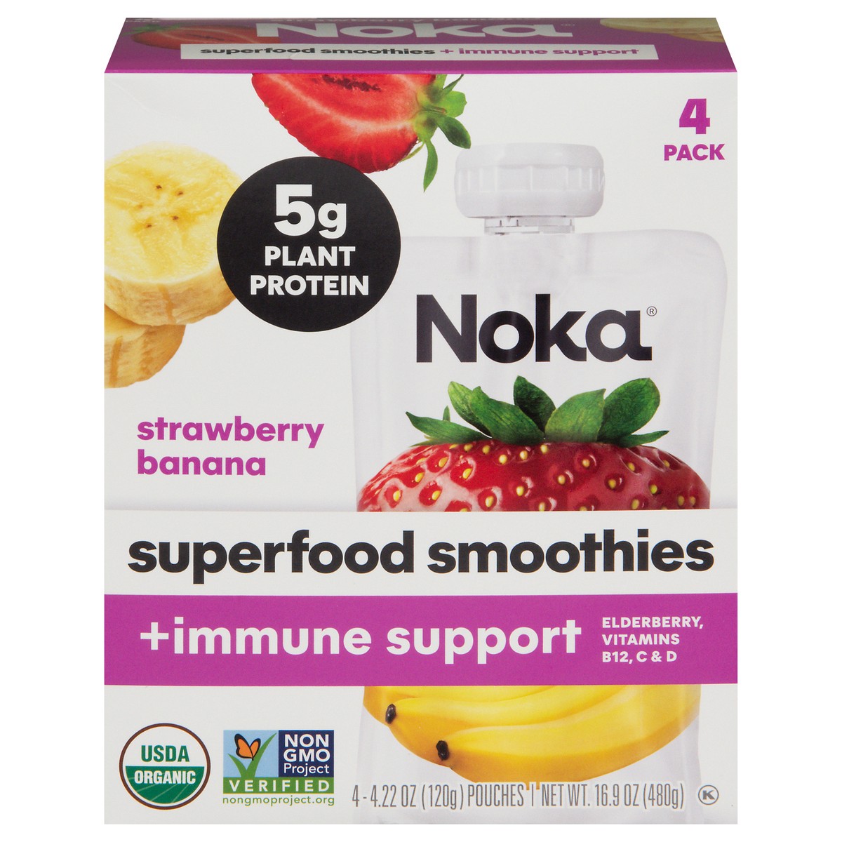 slide 1 of 6, NOKA +Immune Support Strawberry Banana Superfood Smoothie 4 - 4.22 oz Pouches, 4 ct