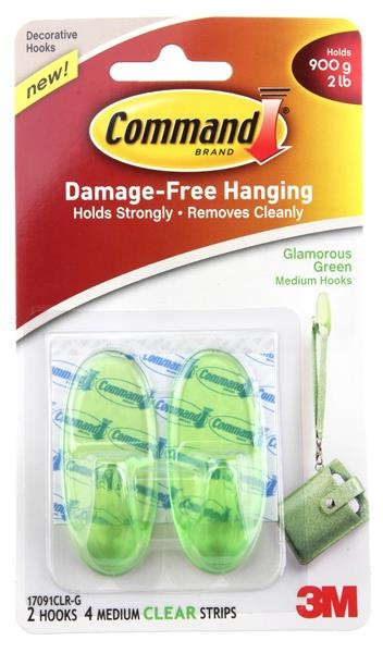 slide 1 of 1, 3M Command Damage Free Hanging Medium Glamorous Green Hooks And Strips, 6 ct