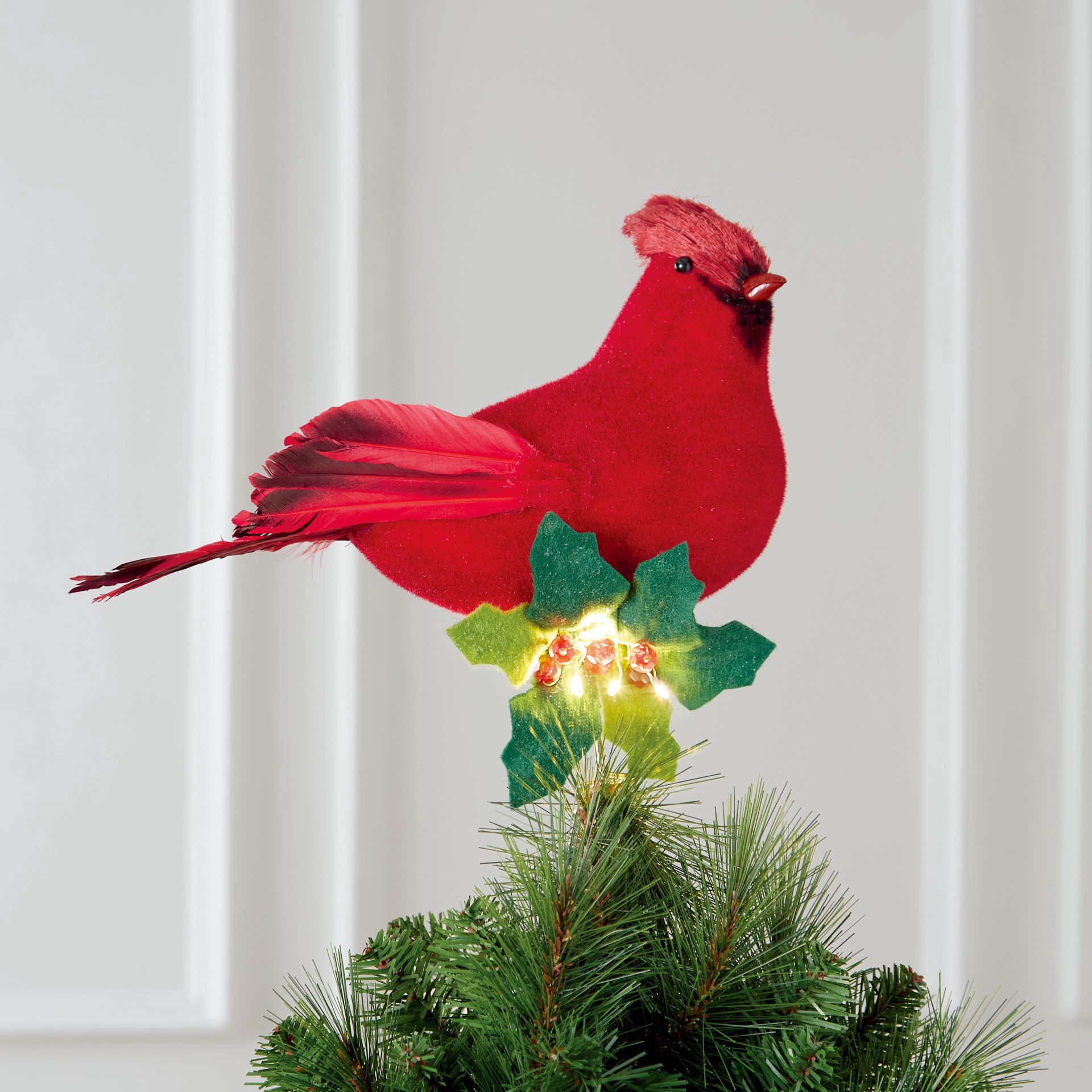 slide 2 of 4, 13" Cardinal With Holly Lighted Tree Topper By Ashland, 13 in