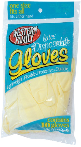 slide 1 of 1, Western Family 10 Disposable Latex Gloves, 10 ct