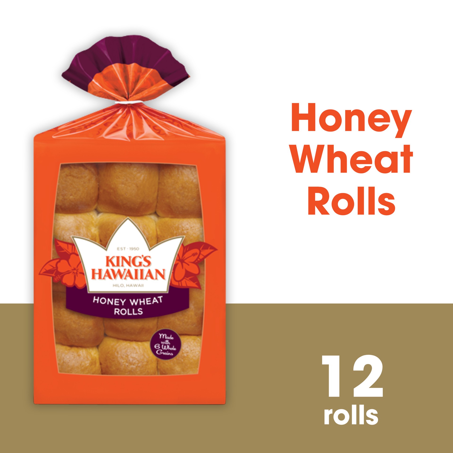 slide 1 of 12, KING'S HAWAIIAN Honey Wheat Rolls, Dinner Rolls, 12 Count, 12 ct