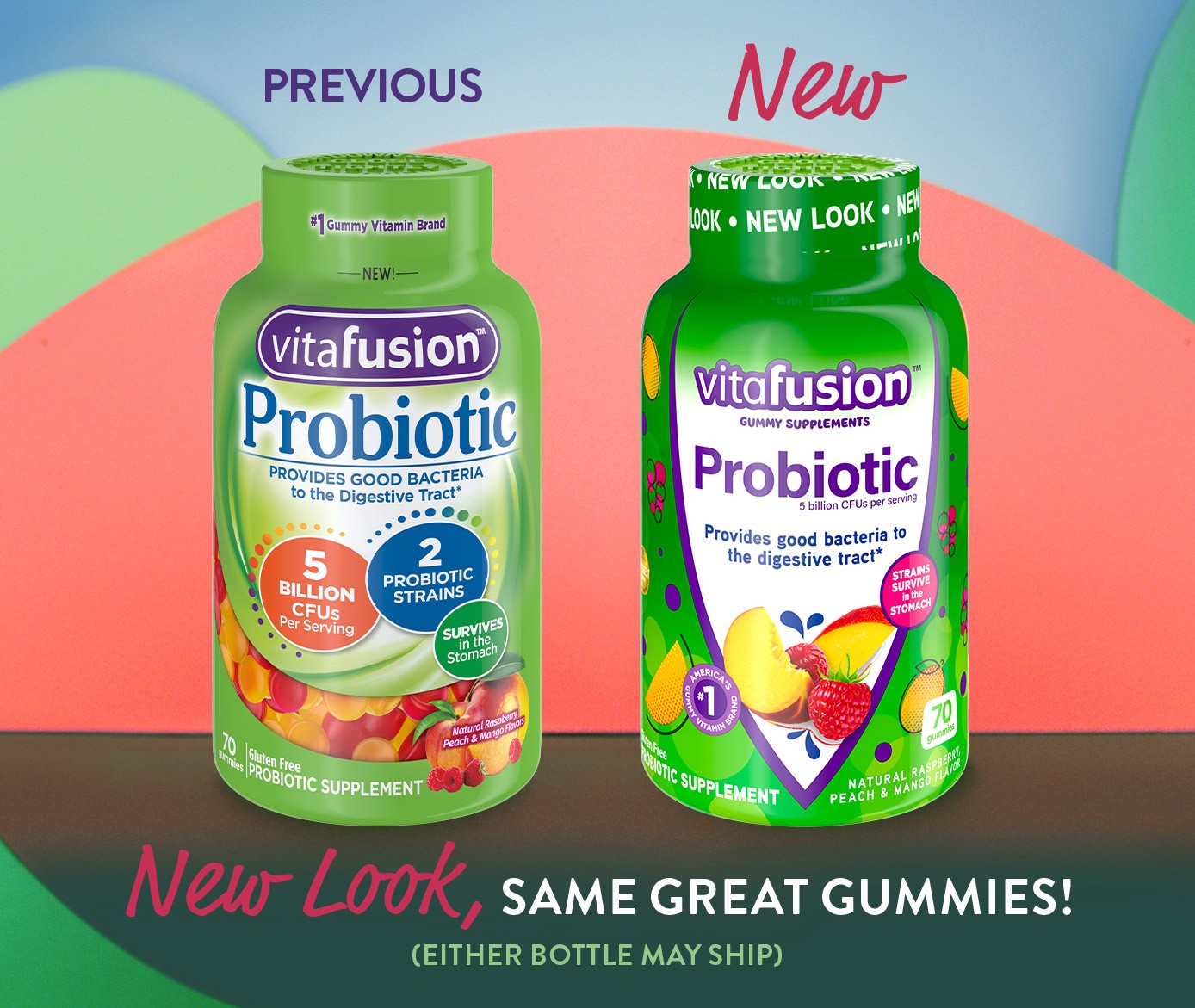 slide 3 of 5, vitafusion Gummies Natural Raspberry Peach & Mango Flavor Probiotic 70 Gummies, 70 ct