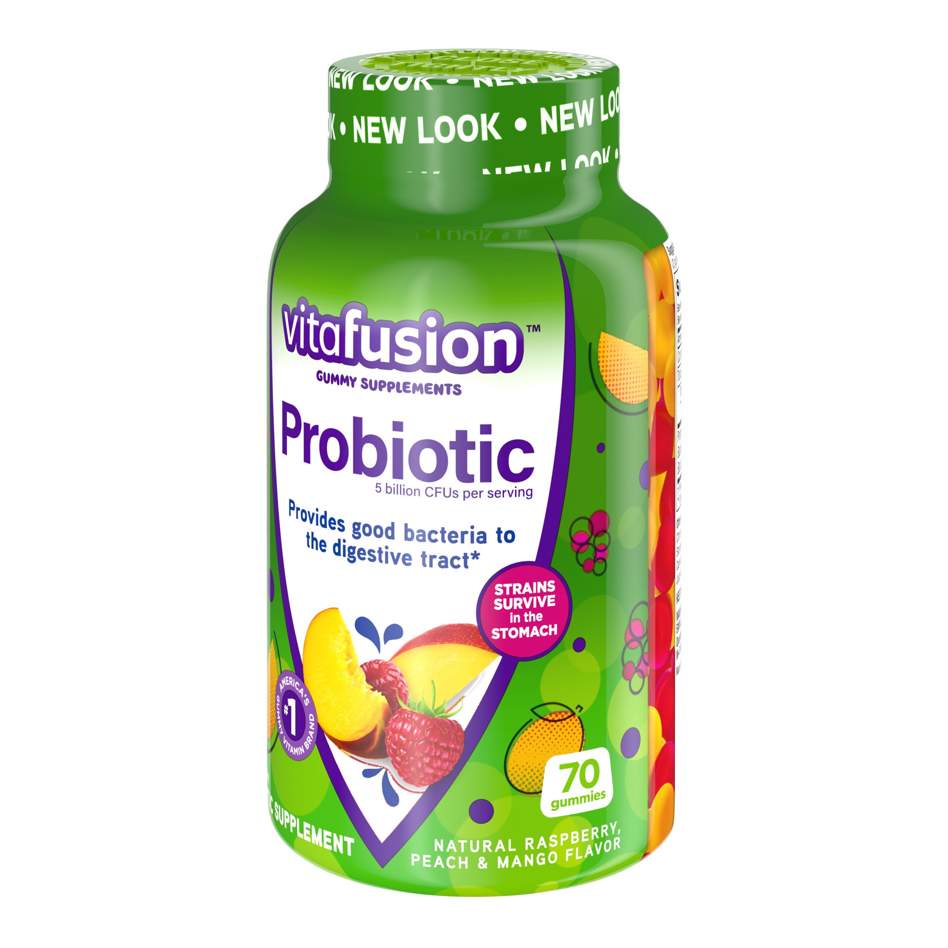 slide 5 of 5, vitafusion Gummies Natural Raspberry Peach & Mango Flavor Probiotic 70 Gummies, 70 ct