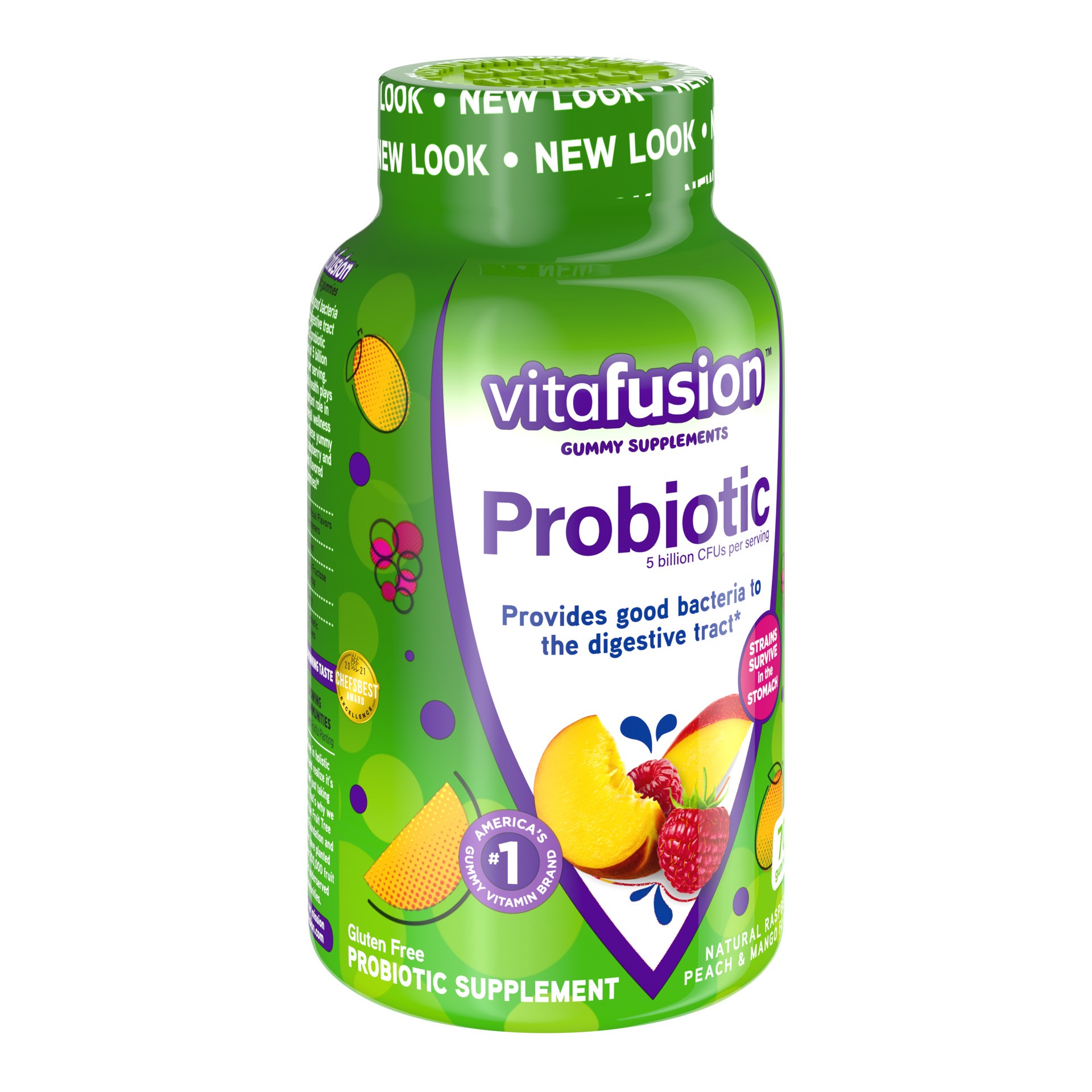 slide 2 of 5, vitafusion Gummies Natural Raspberry Peach & Mango Flavor Probiotic 70 Gummies, 70 ct