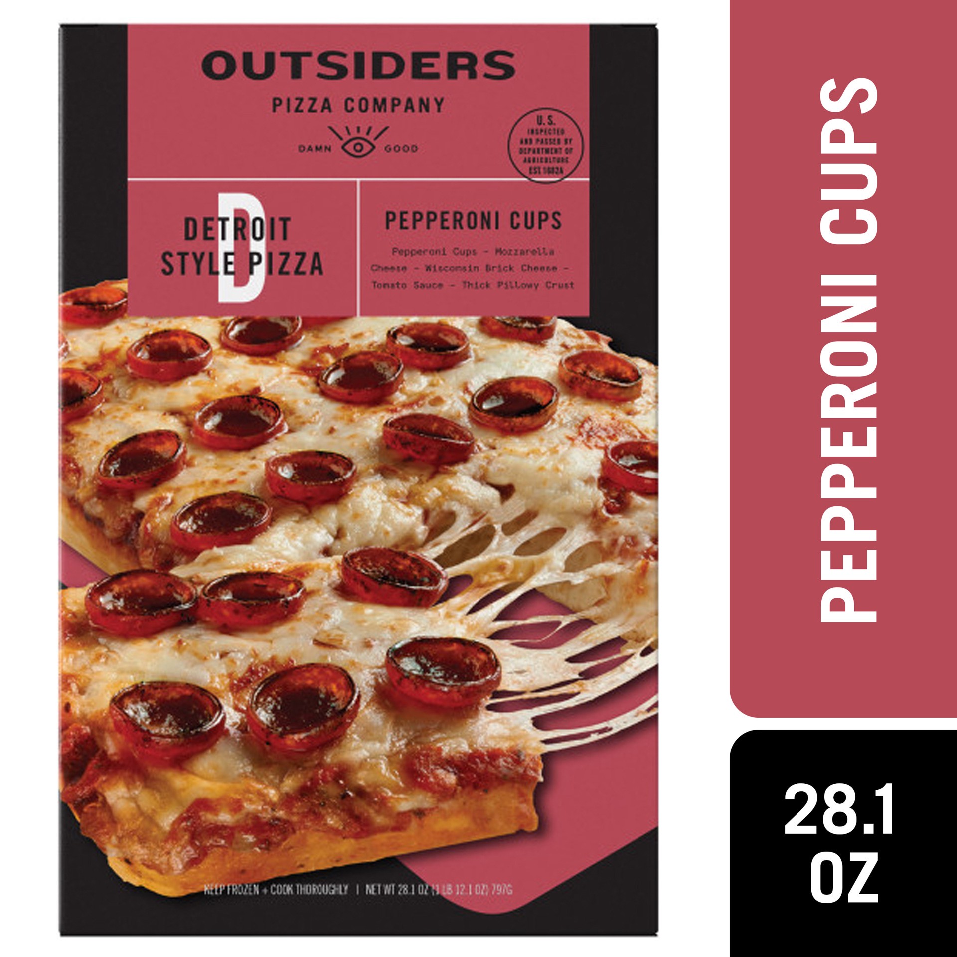 slide 1 of 12, Outsiders Pizza Outsiders Detroit Style Pepperoni Cups Frozen Pizza, 28.1 oz