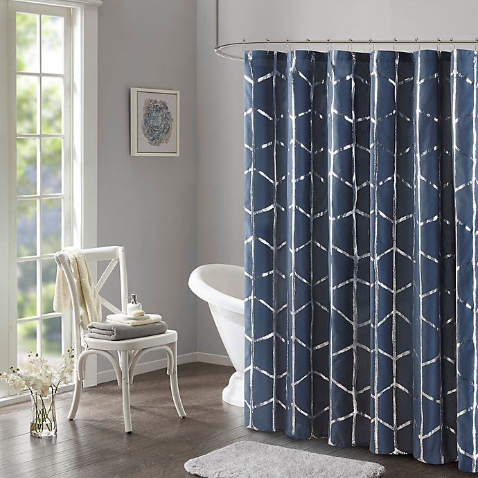 slide 1 of 4, Intelligent Design Raina Printed Metallic Shower Curtain - Navy/Silver, 1 ct