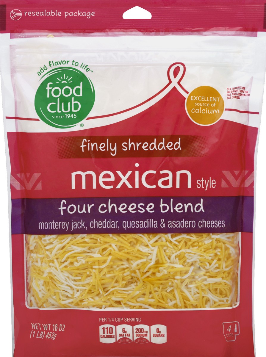 slide 5 of 6, Food Club Mexican Style Four Cheese Blend Monterey Jack, Cheddar, Quesadilla & Asadero Finely Shredded Cheeses, 16 oz