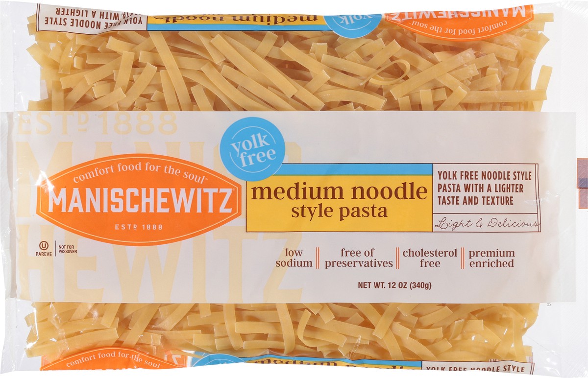 slide 10 of 13, Manischewitz Yolk Free Medium Noodle Style Pasta Medium 12 oz, 12 oz