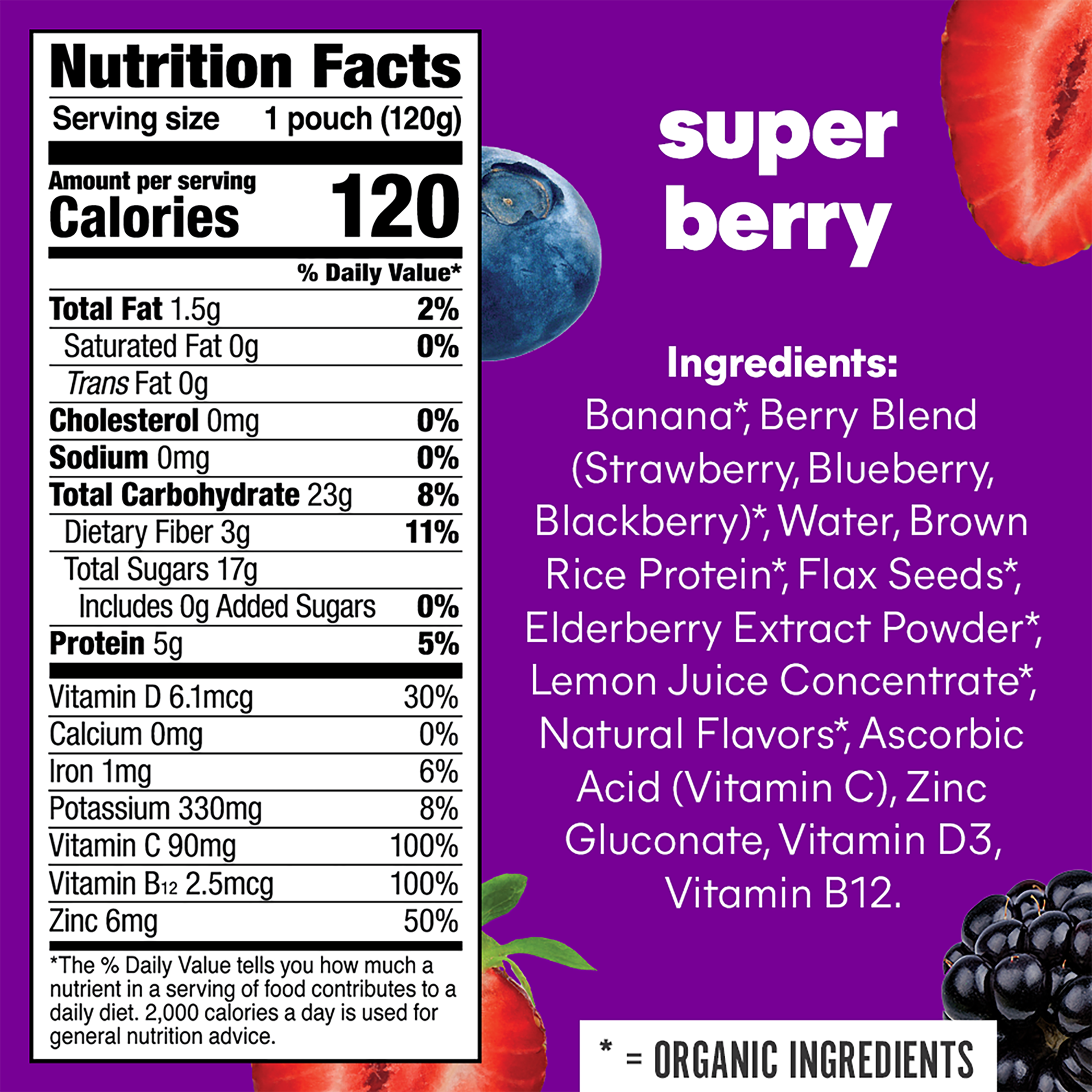 slide 6 of 6, Noka Superfood Fruit Smoothie Pouches, Super Berry with Immune Support, Healthy Snacks with Flax Seed, Elderberry and Plant Protein, Vegan and Gluten Free, Organic Squeeze Pouch, 16.9 fl oz