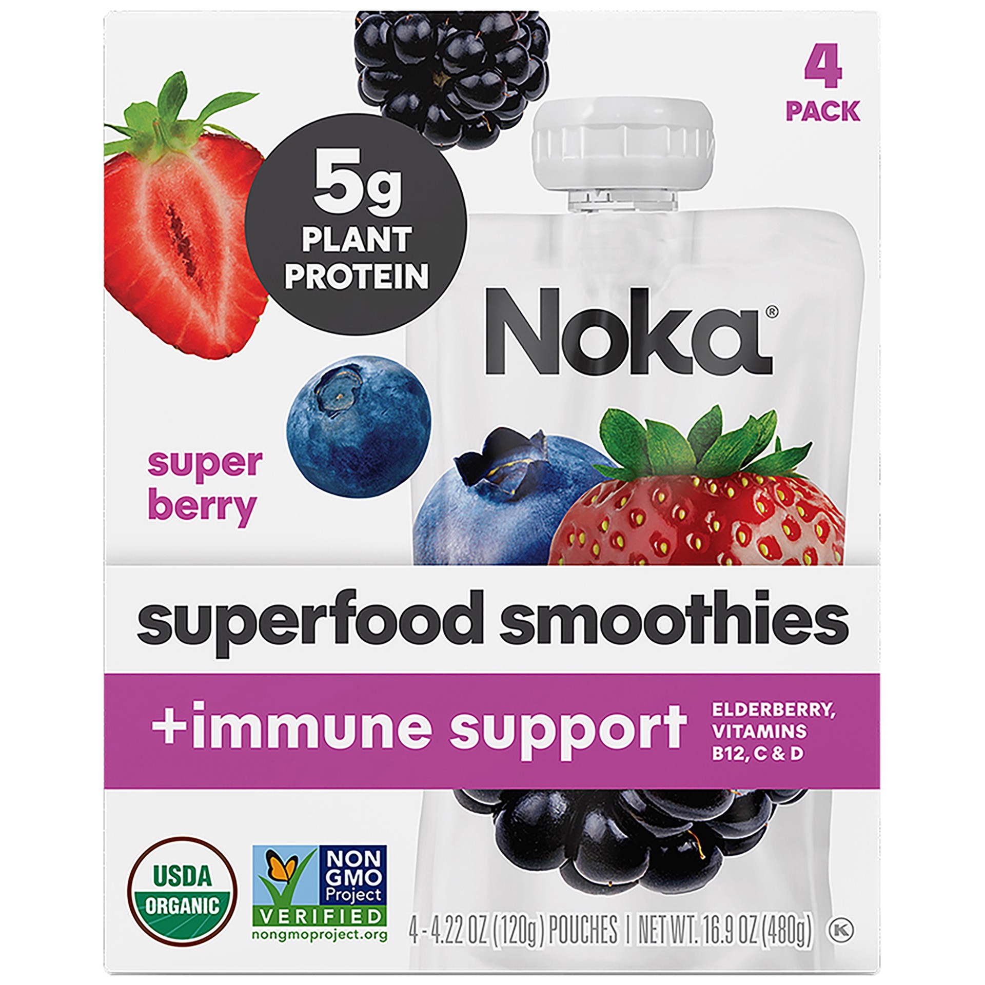 slide 1 of 6, Noka Superfood Fruit Smoothie Pouches, Super Berry with Immune Support, Healthy Snacks with Flax Seed, Elderberry and Plant Protein, Vegan and Gluten Free, Organic Squeeze Pouch, 16.9 fl oz