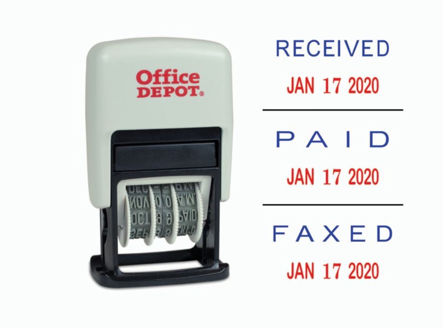 slide 2 of 5, Office Depot Brand Date Message Stamp Dater Paid, Received, Faxed, Self-Inking 3-In-1 Micro Date Message Stamp Dater, 1-1/16'' X 5/8'' Impression, Red/Blue Ink, 1 ct