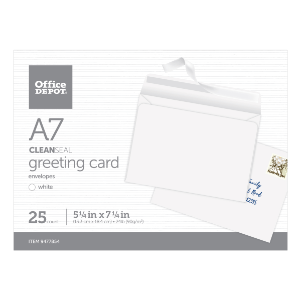 slide 1 of 3, Office Depot Brand Clean Seal Greeting Card Envelopes, A7, 5-1/4'' X 7-1/4'', White, Box Of 25 Envelopes, 25 ct