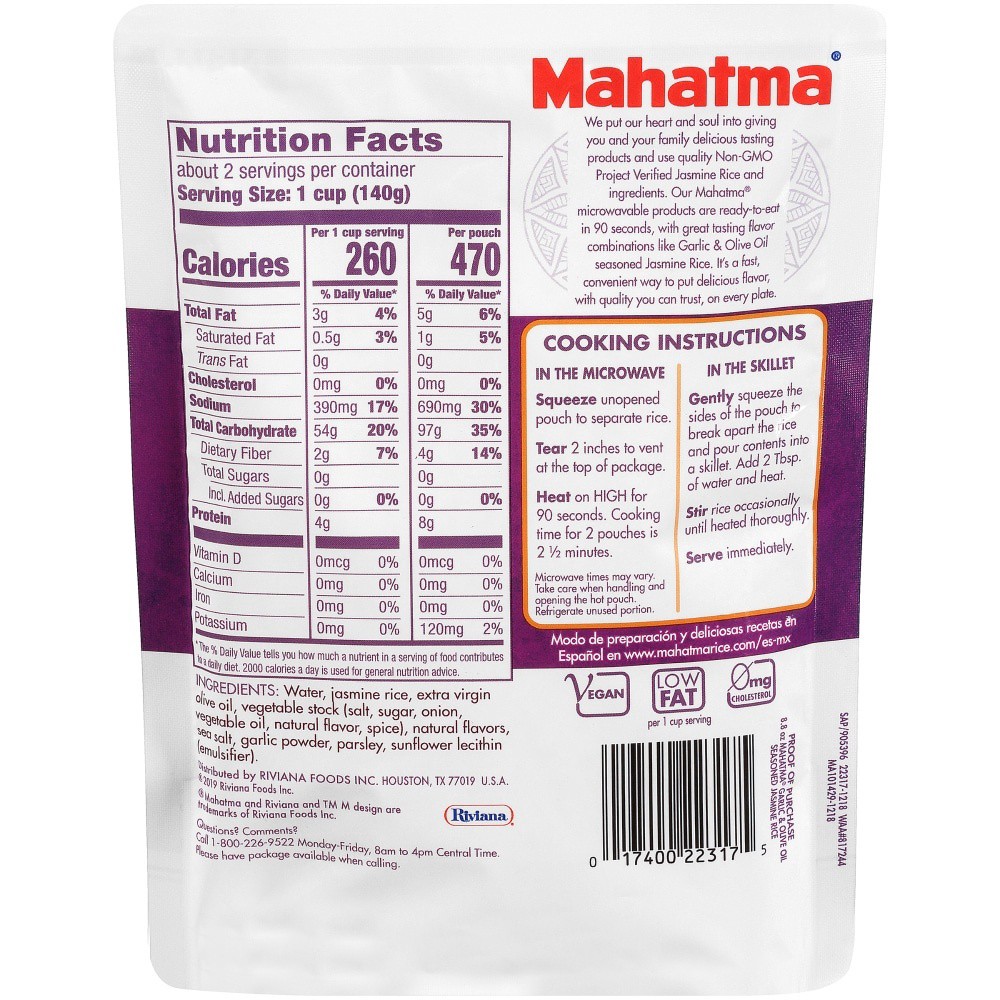 slide 1 of 9, Mahatma Jasmine Rice, Garlic & Olive Oil - 8.8 oz, 8.8 oz