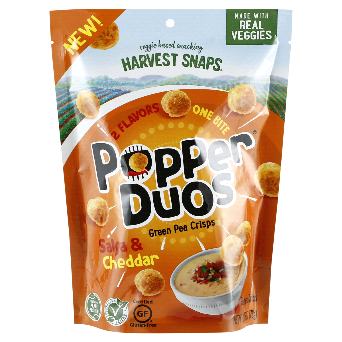 slide 1 of 1, Harvest Snaps Popper Duos Salsa Cheddar Green Pea Crisps, 2.75 oz