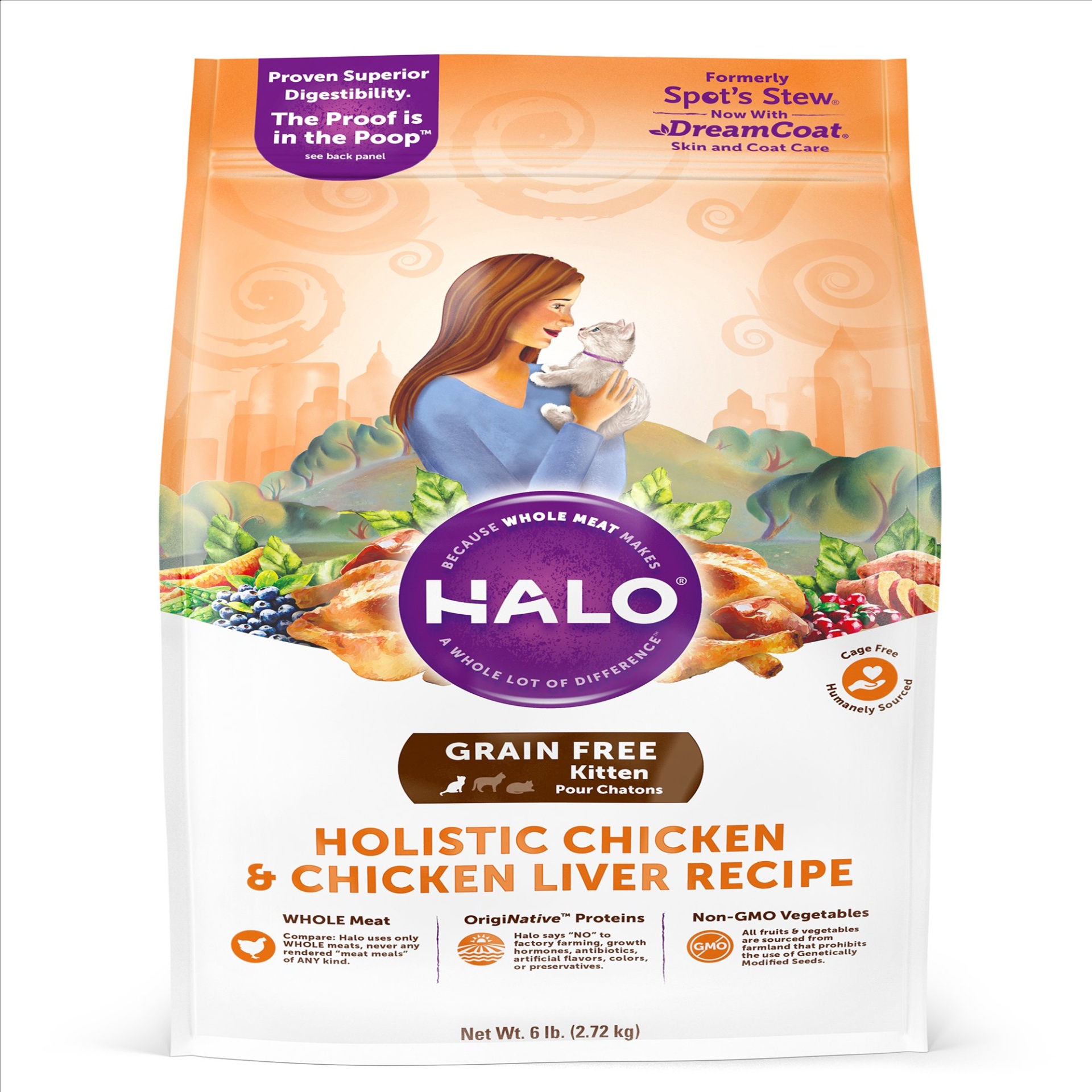 slide 1 of 1, Halo Grain Free Kitten Holistic Chicken & Chicken Liver Dry Cat Food, 6 lb