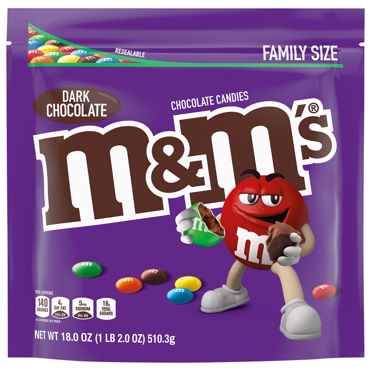 slide 1 of 5, M&M'S Dark Chocolate Candy, Family Size, 18 oz Resealable Bulk Candy Bag, 18 oz