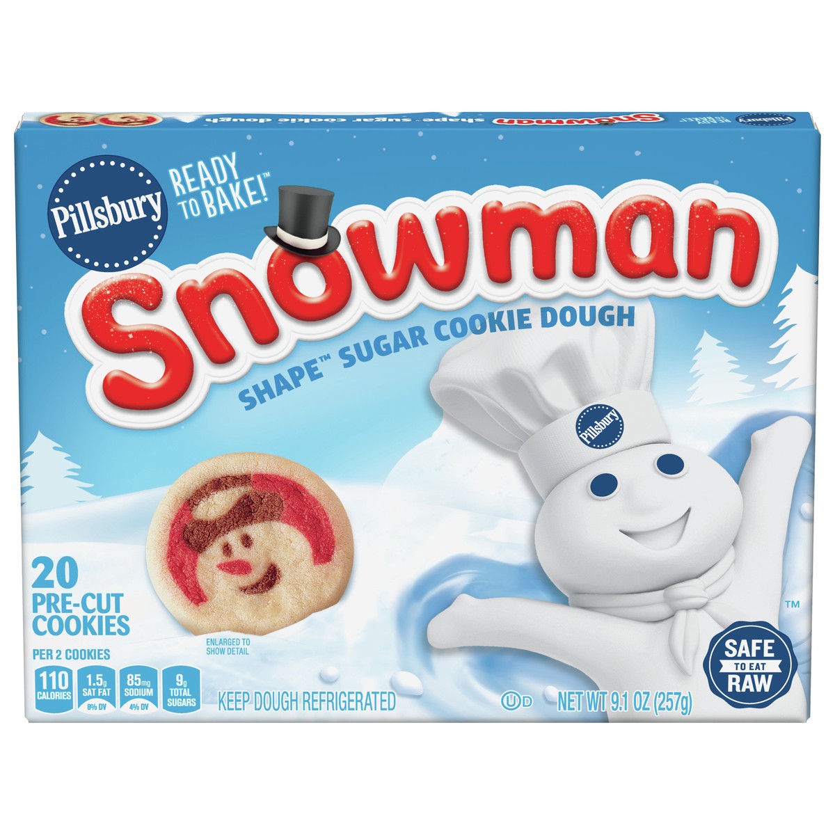 slide 1 of 9, Pillsbury Ready to Bake Snowman Shape Sugar Cookie Dough, 20 Cookies, 9.1 oz, 20 ct