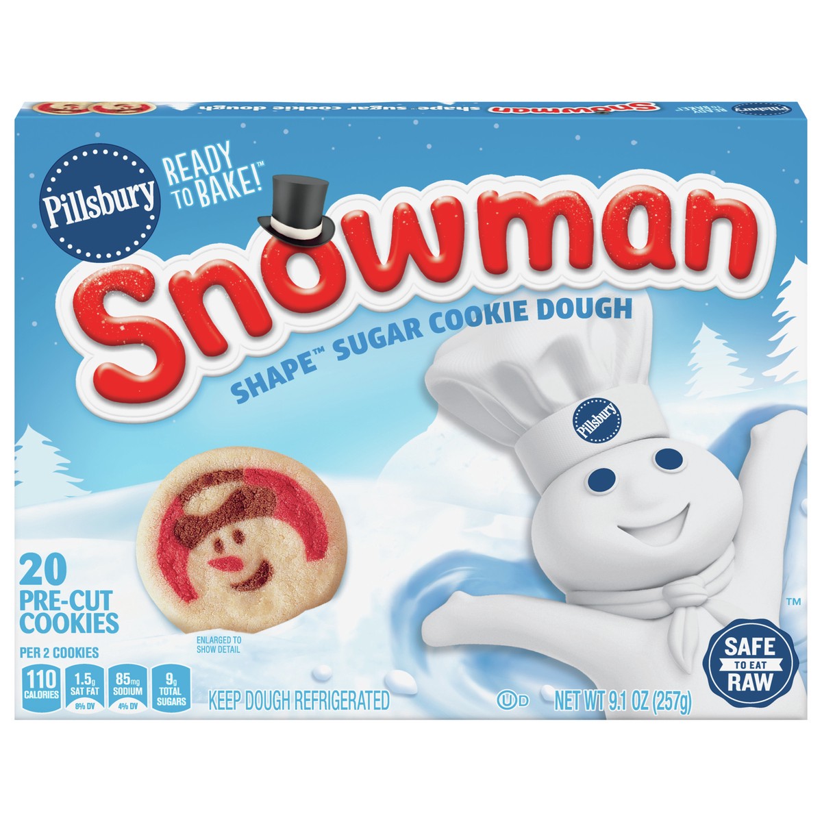 slide 1 of 9, Pillsbury Ready to Bake! Snowman Shape Sugar Cookie Dough, 20 Pre-Cut Cookies, 9.1 oz, 20 ct