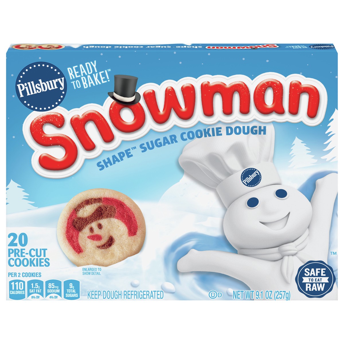 slide 1 of 9, Pillsbury Ready to Bake Snowman Shape Sugar Cookie Dough, 20 Cookies, 9.1 oz, 20 ct