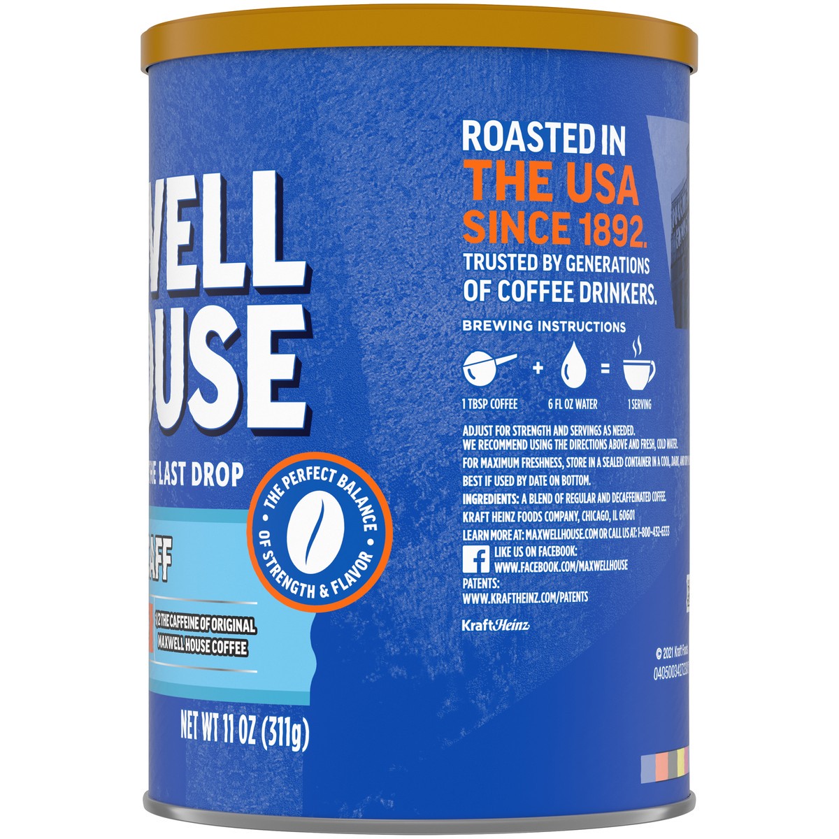 slide 6 of 9, Maxwell House Half Caff Original Medium Roast Ground Coffee, 11 oz Canister, 11 oz