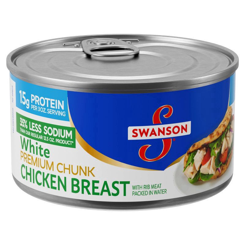 slide 1 of 6, Swanson 35% Less Sodium White Premium Chunk Canned Chicken Breast in Water, 12.5 OZ Can, 12.5 oz