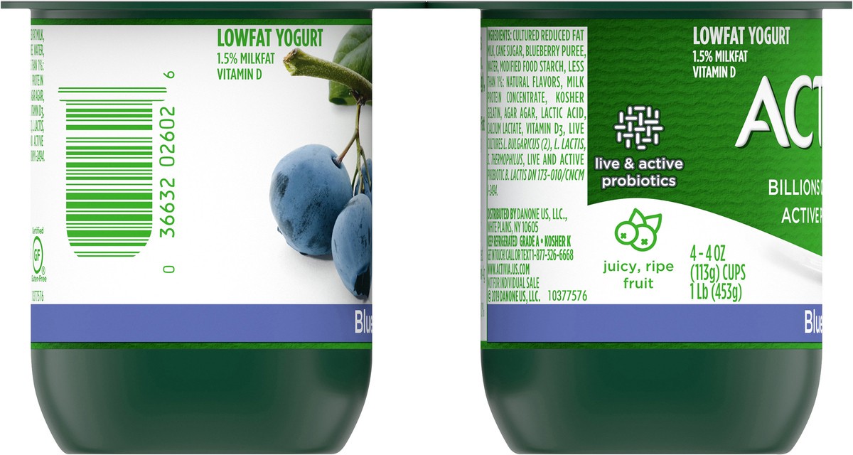 slide 7 of 10, Activia Probiotic Lowfat Blueberry Yogurt, 4 ct; 4 oz