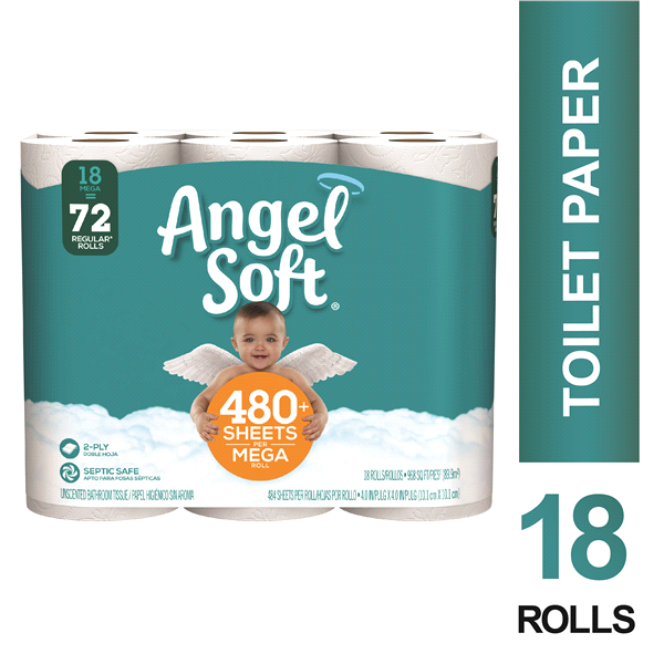 slide 1 of 1, Angel Soft Toilet Paper Bath Tissue Mega Rolls, 18 ct