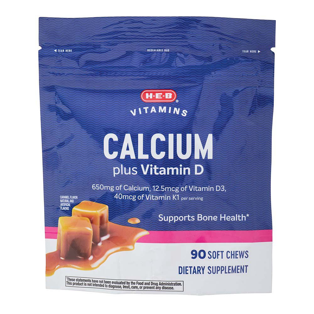 slide 1 of 1, H-E-B Calcium Caramel Chews 650 mg, 90 ct