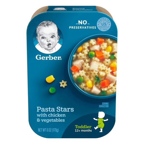 slide 1 of 9, Gerber Toddler Food, Pasta Stars with Chicken & Vegetables, Mealtime for Toddler, 6 oz