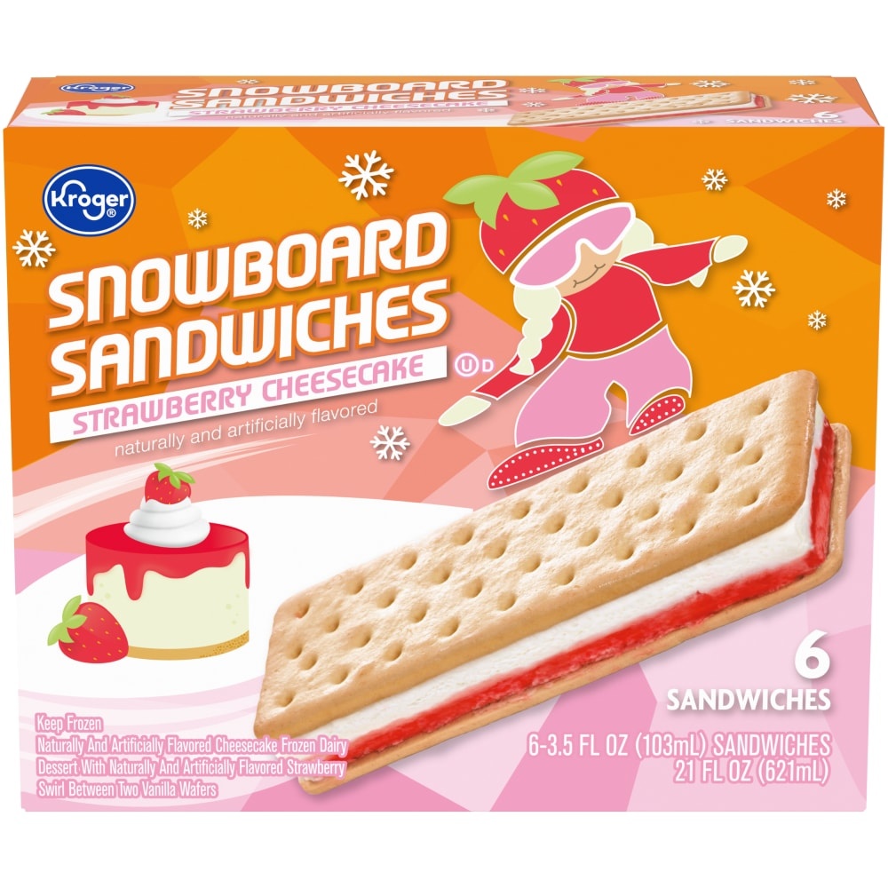slide 1 of 1, Kroger Snowboard Strawberry Cheesecake Frozen Dairy Dessert 6 Count, 21 fl oz