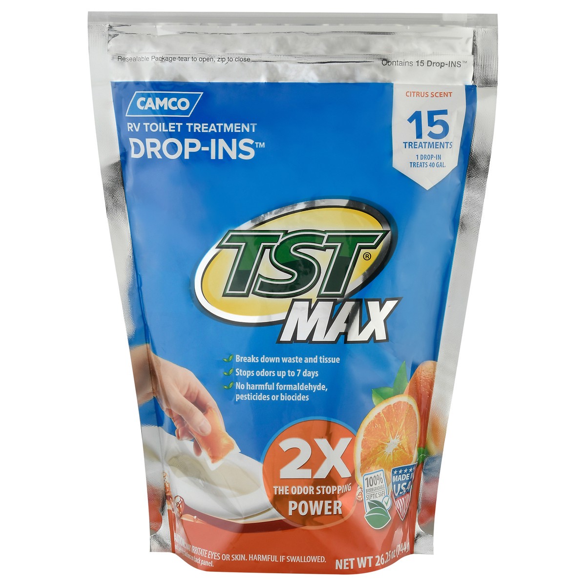 slide 8 of 12, Camco TST Max Drop-Ins Citrus Scent RV Toilet Treatment 26.25 oz, 26.25 oz