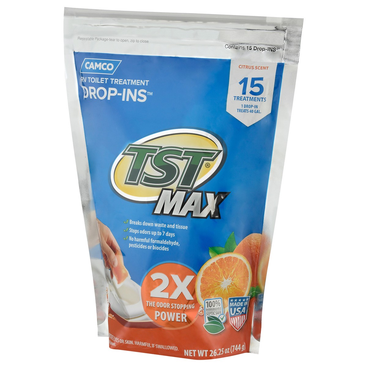 slide 11 of 12, Camco TST Max Drop-Ins Citrus Scent RV Toilet Treatment 26.25 oz, 26.25 oz