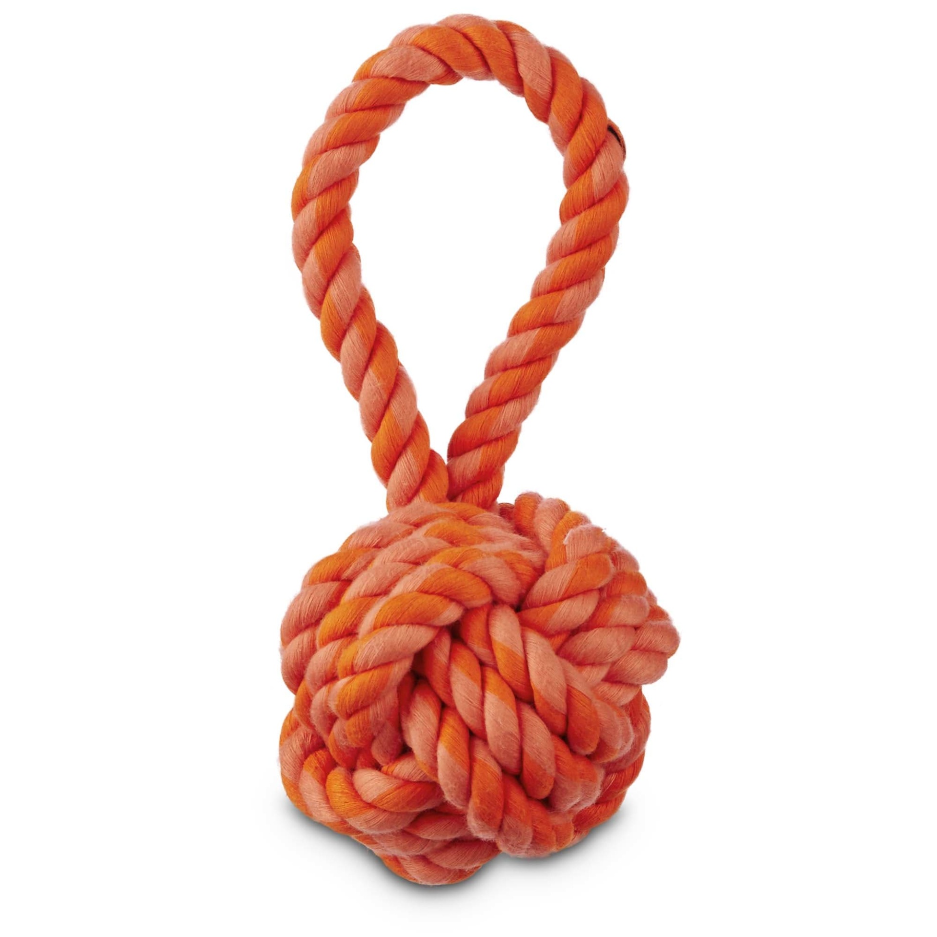 slide 1 of 1, Leaps & Bounds Toss and Tug Red Rope Ball Dog Toy With Handle In Assorted Orange Colors, SM