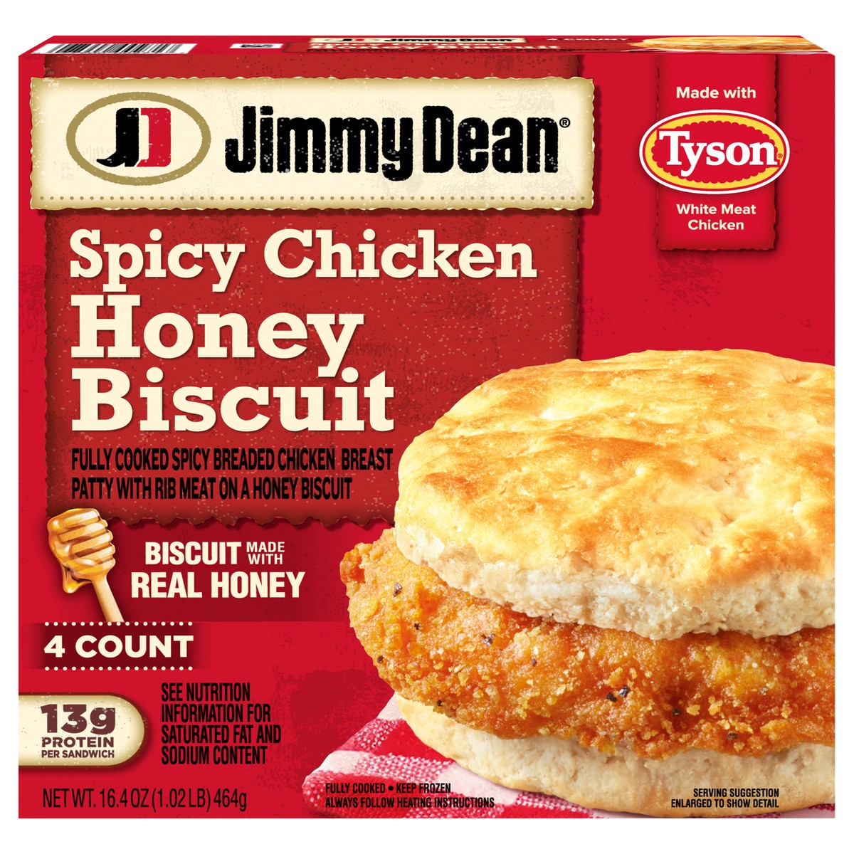 slide 1 of 14, Jimmy Dean Spicy Crispy Chicken Honey Biscuit, 16.4 oz, 4 count, 464.93 g