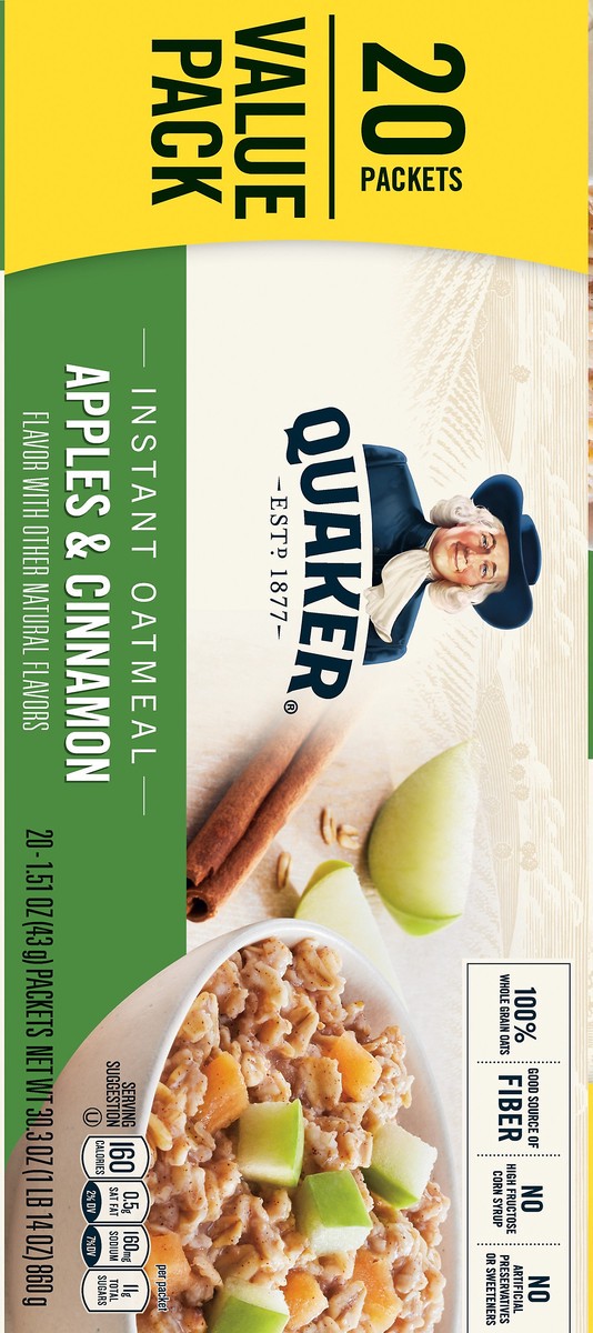slide 8 of 8, Quaker Instant Oatmeal, Apples & Cinnamon, Value Pack, 20 ct