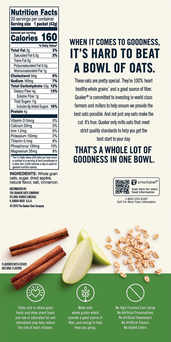 slide 2 of 8, Quaker Instant Oatmeal, Apples & Cinnamon, Value Pack, 20 ct
