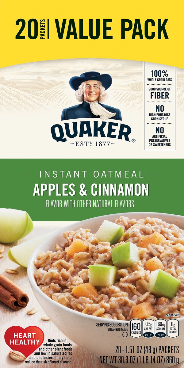slide 7 of 8, Quaker Instant Oatmeal, Apples & Cinnamon, Value Pack, 20 ct