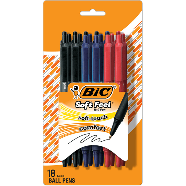 slide 1 of 5, BIC Soft Feel Retractable Ball Point Pen, Medium Point, 1.0mm, Business Assorted, Assorted Barrels, Pack Of 18, 18 ct