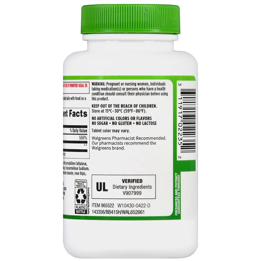 slide 2 of 5, Walgreens Vitamin C with Natural Rose Hips 500 mg, 100 ct