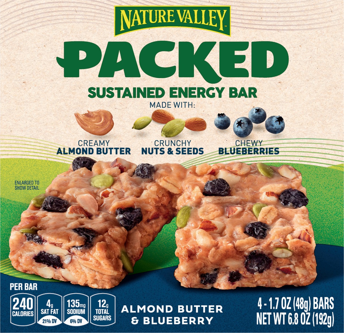 slide 6 of 12, Nature Valley Packed Almond Butter & Blueberry Sustained Energy Bar 4 bars 1.7 oz Wrapper 4 ea Box, 4 ct