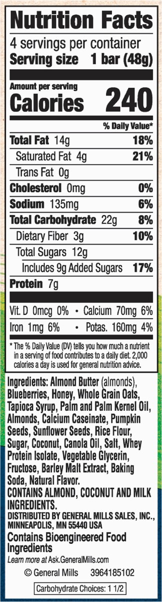 slide 8 of 12, Nature Valley Packed Almond Butter & Blueberry Sustained Energy Bar 4 bars 1.7 oz Wrapper 4 ea Box, 4 ct