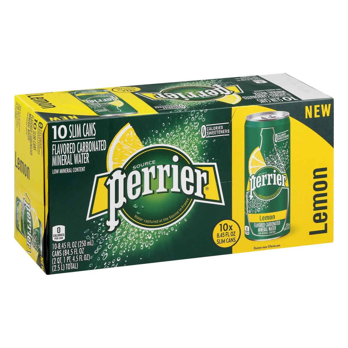 slide 2 of 9, PERRIER Lemon Flavored Carbonated Mineral Water, 8.45 fl oz. Slim Cans (10 Count), 84.5 oz