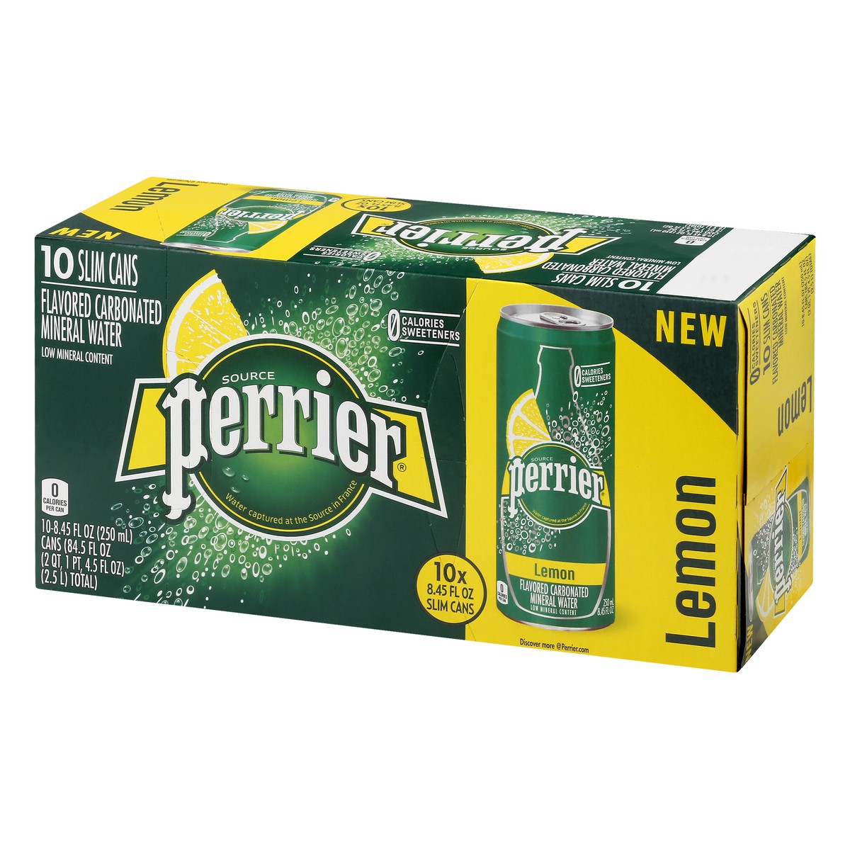 slide 3 of 9, PERRIER Lemon Flavored Carbonated Mineral Water, 8.45 fl oz. Slim Cans (10 Count), 84.5 oz