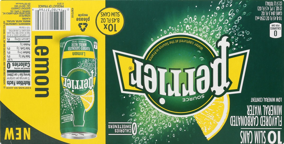 slide 4 of 9, PERRIER Lemon Flavored Carbonated Mineral Water, 8.45 fl oz. Slim Cans (10 Count), 84.5 oz