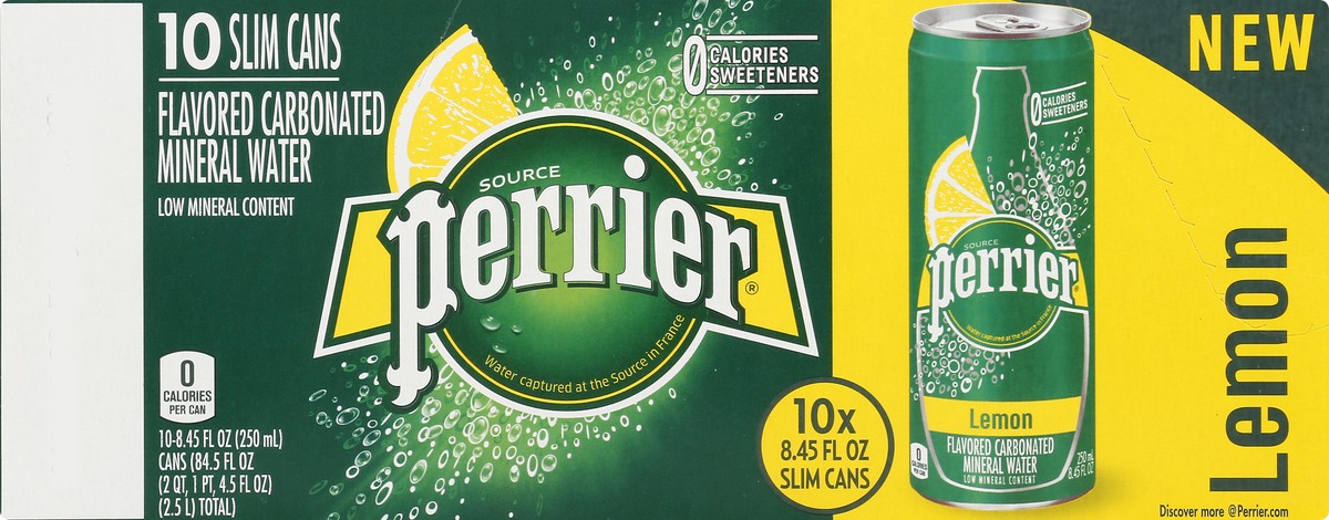 slide 5 of 9, PERRIER Lemon Flavored Carbonated Mineral Water, 8.45 fl oz. Slim Cans (10 Count), 84.5 oz