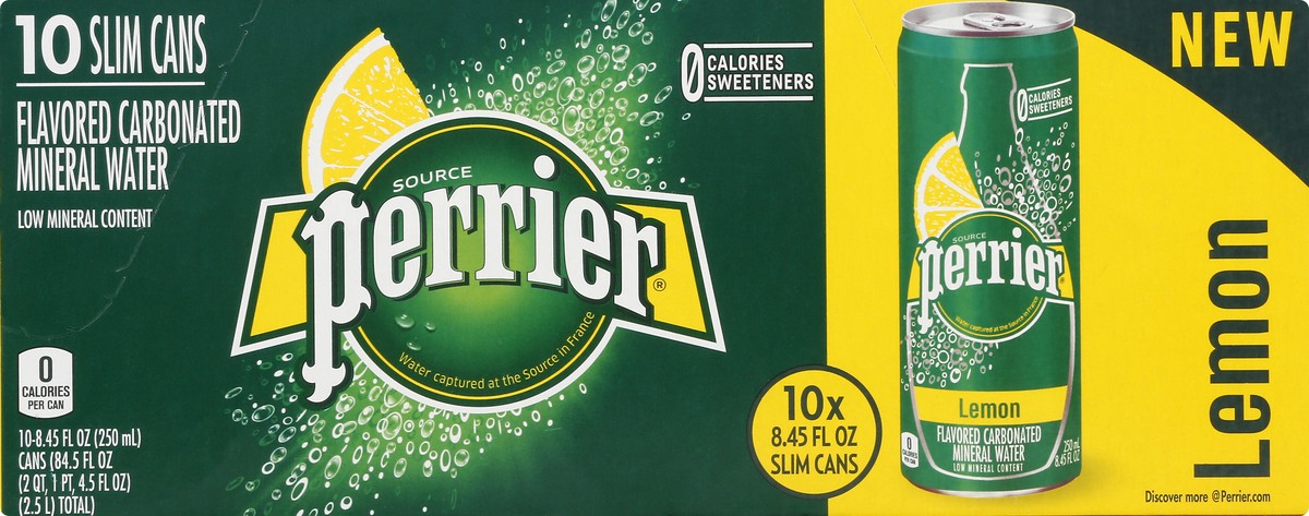 slide 6 of 9, PERRIER Lemon Flavored Carbonated Mineral Water, 8.45 fl oz. Slim Cans (10 Count), 84.5 oz