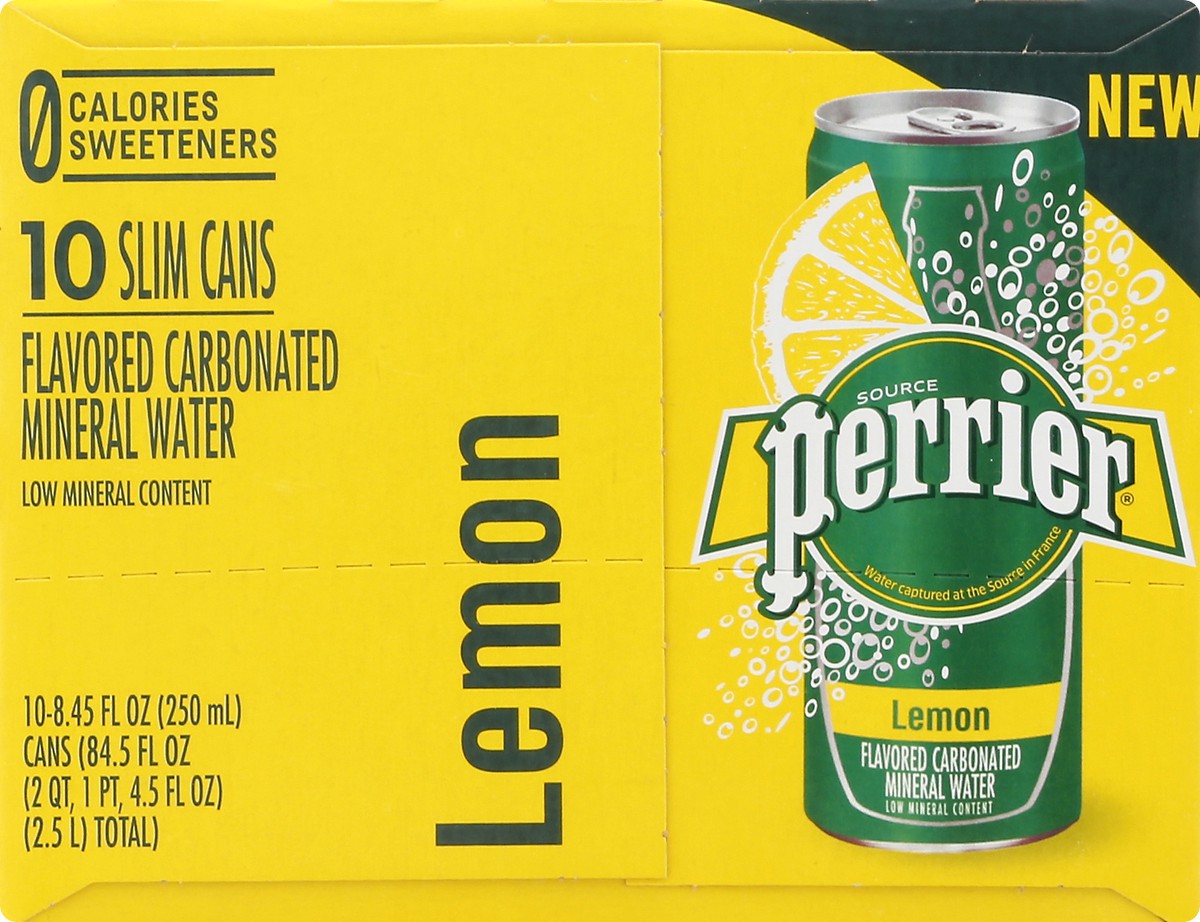 slide 7 of 9, PERRIER Lemon Flavored Carbonated Mineral Water, 8.45 fl oz. Slim Cans (10 Count), 84.5 oz