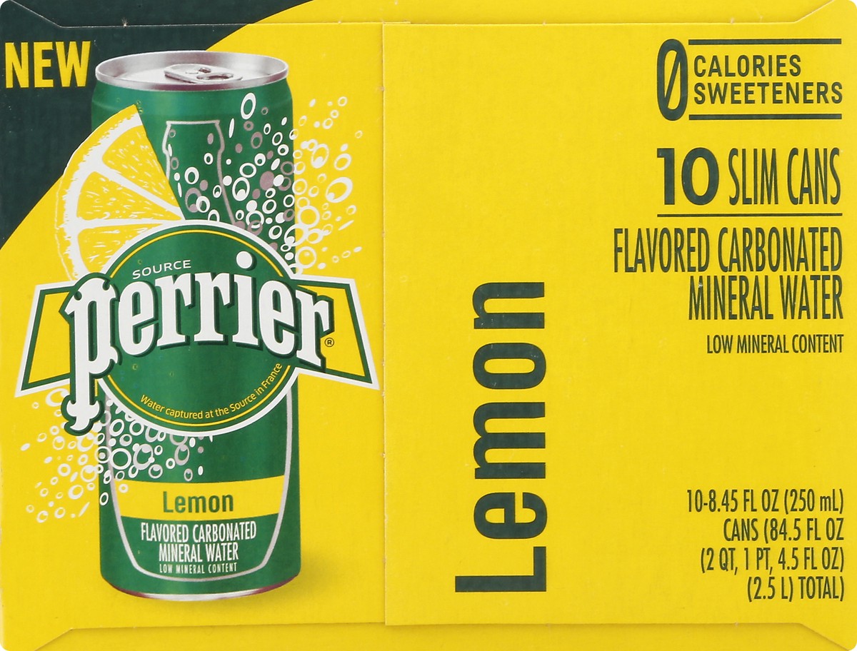 slide 8 of 9, PERRIER Lemon Flavored Carbonated Mineral Water, 8.45 fl oz. Slim Cans (10 Count), 84.5 oz